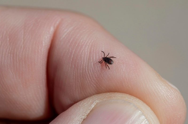 Close-up image of a tick on a human finger.